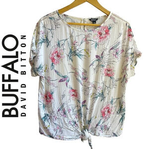 Buffalo David Bitton White Floral Front Tie Short Sleeve Blouse, M